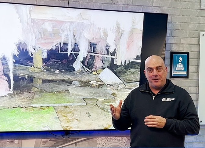 Shaun standing in front of a screen with a photo of a crawl space with major water damage