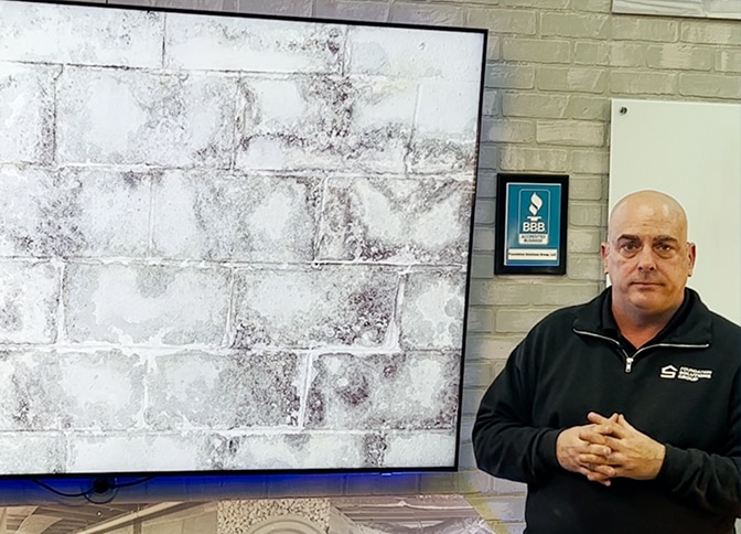 Shaun standing in front of a screen with a picture of a failed DIY attempt at waterproofing using Drylok