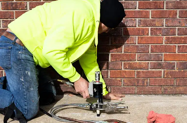 man putting polyurethane into ground