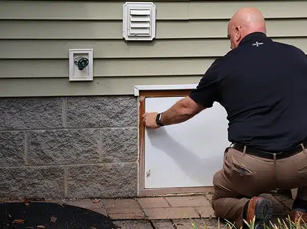 man putting door on crawl space